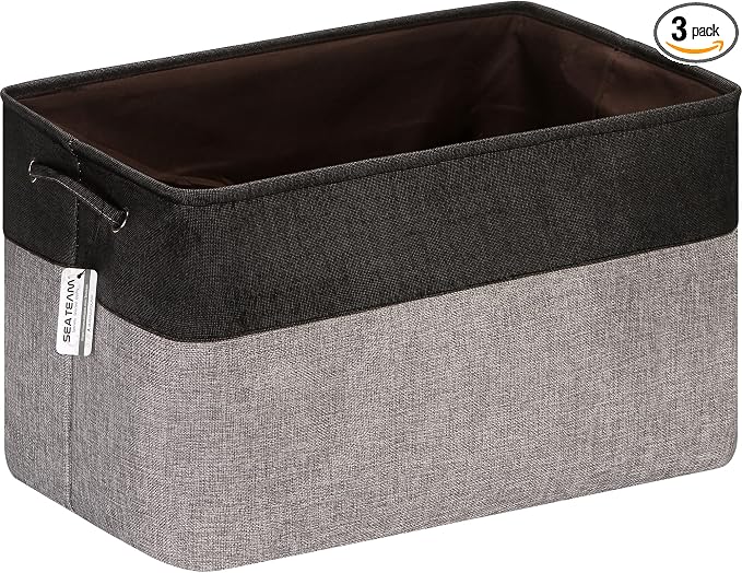 Sea Team Oversized Rectangle Canvas Open-Top Storage Baskets, 3-Pack | Collapsible Fabric Storage Bins with Handles, Closet Shelf Organizers, 22 x 15 x 13 Inches, Gray & Black