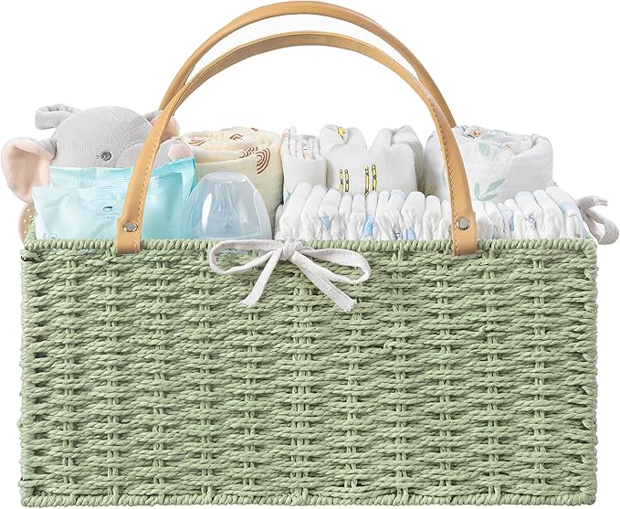 HBlife Large Baby Diaper Caddy Organizer Green, Paper Rope Storage Baskets Nursery Bin with Removable Divider, Portable Car Organizer for Diapers, Baby Shower Gifts, Newborn Essentials Must Haves