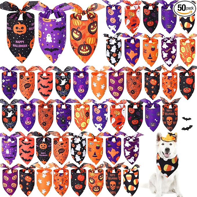 Abbylike 50 Pcs Halloween Dog Bandanas Bulk Pumpkin Bandanas for Dogs Triangle Kerchief Bibs Scarf Set for Pet Halloween Costume Photo Props Accessories Pet Shops, 25 Styles (31.5 x 21.7 x 21.7")