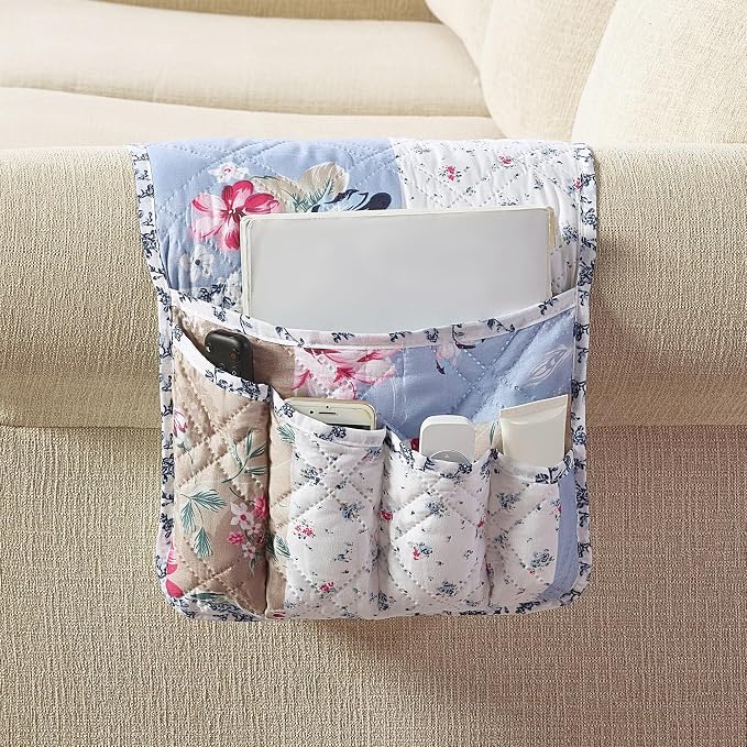 Brilliant Sunshine Blue Beige Rose Toile Couch Armrest Cover, 35"×13" | Washable Magazine Holder, Armrest Organizer & Caddy on Sofa, Recliner, Armchair, Storage for Remote Controls, Phone, iPad