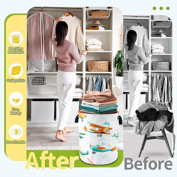 Airplane Cartoon Laundry Basket Foldable Waterproof Hamper 18.9 x 16.5 Inch | Oxford Cloth With Reinforced Handles Lining Design Large-Capacity Storage For Bathrooms/Laundry Rooms/ Living Rooms/Bedrooms