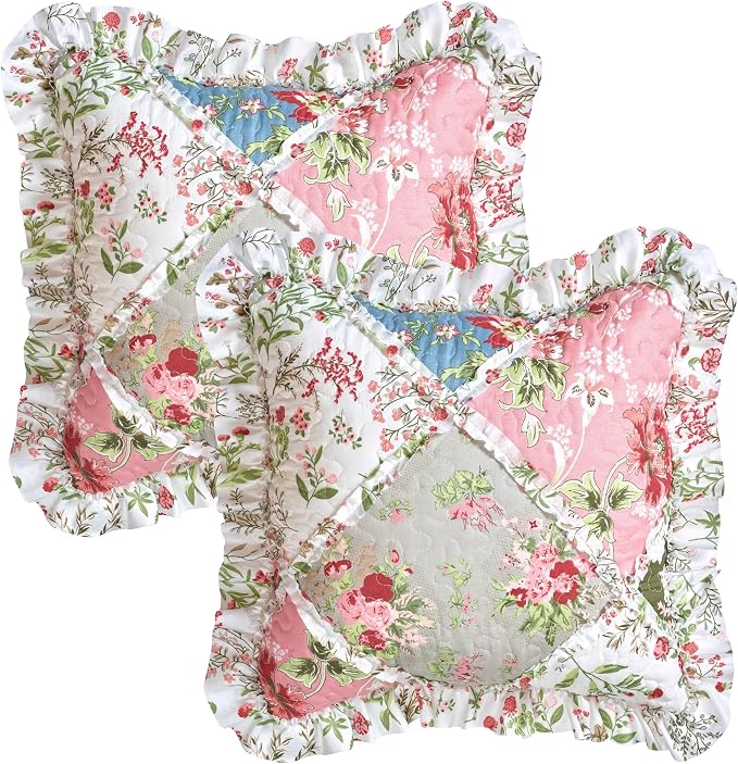 Brilliant Sunshine Multi Peach & Olive Flowers Ruffle Shams Set, 18"x18" | Patchwork Design with Ruffles, Quilted Pillow Covers, Washable Throw Cushion Cases for Couchs and Beds, Pack of 2
