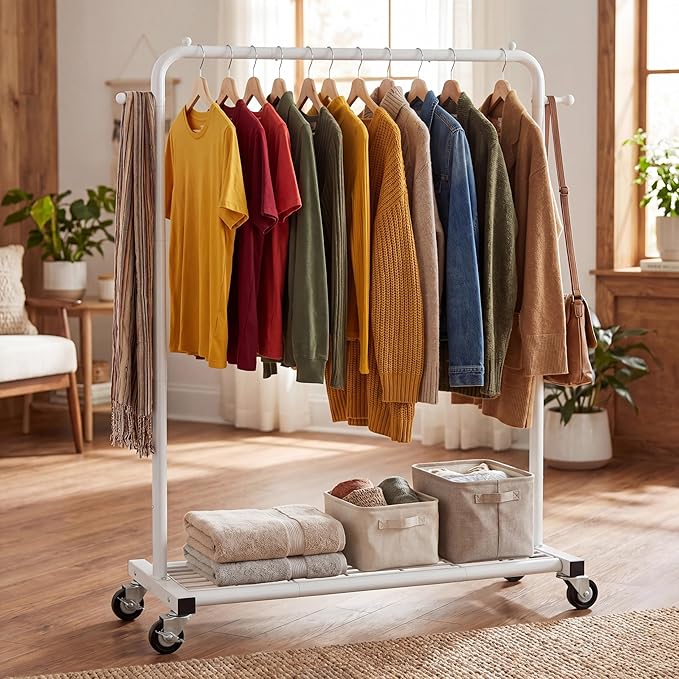 Sywhitta Metal Clothing Rack on Wheels with Mesh Shelf, for Clothes,White | Rolling Garment Rack for Hanging Clothes, Coats, Skirts, 39.76" L x 16" W x 63.78" H,Space-Saving Mobile Organizer for Closet