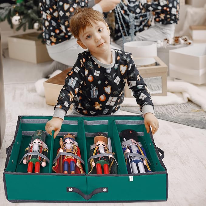 2 Pack Christmas Figures Storage Box | Each Holds 4 Holiday Figurines up to 16” | Adjustable Nutcracker Decor Ornament Storage Container | Xmas Decorations Accessories Boxes (Green)