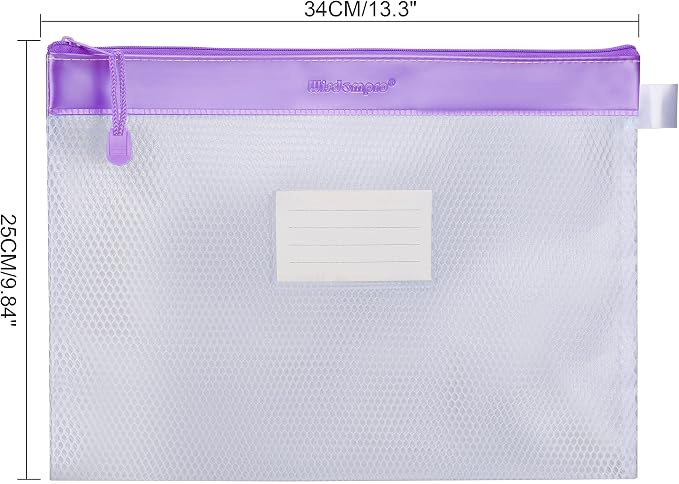 Wisdompro Zipper Pouch, 4 Pack Waterproof Mesh File Bag, Document Organizer | 13.3x9.8", Letter Size Mesh Bag with Outer Label Pocket, Durable, Perfect for File, Paper, Office, School, Purple/Yellow