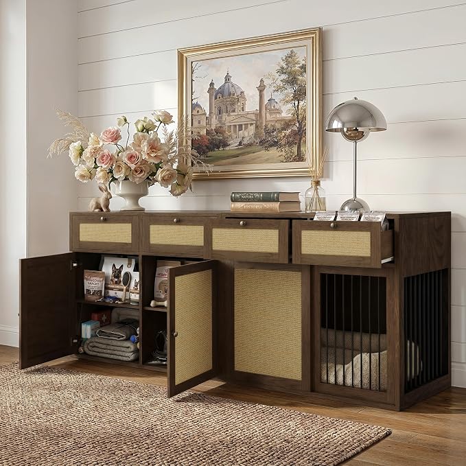 PureCozy 2-Piece Dog Crate Furniture, Right, 80 Inch, Dark Oak | Right-unit kennel with metal sliding door plus cane storage cabinet and 4 total drawers; furniture-style indoor console.