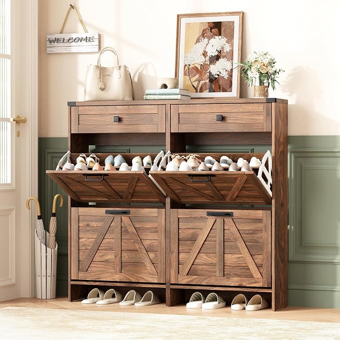 Halitaa Shoe Cabinet with 4 Flip Drawers & 2 Drawers,Farmhouse Shoe Storage Cabinet for Entryway,Slim Freestanding Organizer Rack for Front Door Entrance,Dark Walnut