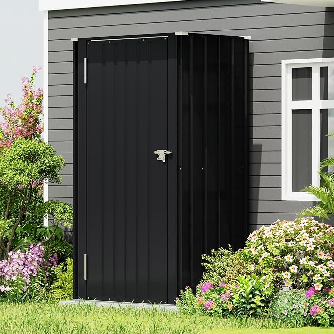 Devoko 22 Cuft Vertical Storage Shed Without Adjustable Shelves, Black | Metal Tool Garden Outdoor Storage Cabinet with Lockable Door for Patio Garden Backyard, Black
