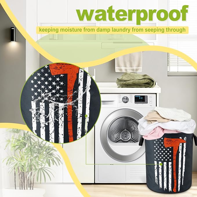American Flag Red Line Ax Laundry Basket Foldable Waterproof 18.9x16.5 Inch | Oxford Cloth Hamper With Reinforced Handles Lining Large-Capacity Storage For Bathrooms/Laundry Rooms/ Living Rooms/Bedrooms