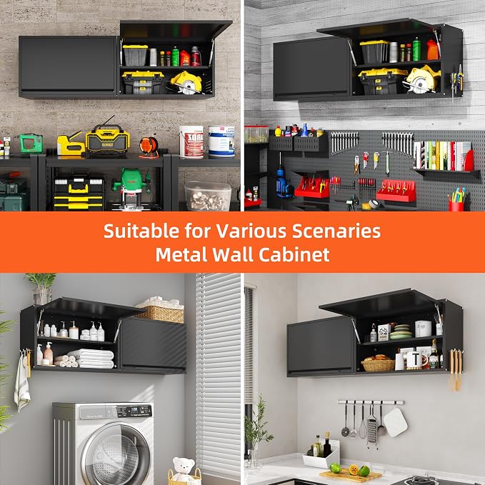 Garage Wall Cabinet, 19.7" H Metal Wall Cabinet with Up-Flip Door | Wall Mounted Metal Storage Cabinet, Upper Cabinet for Kitchen,Garage,Workshop,Warehouse, Assembly Required, Black