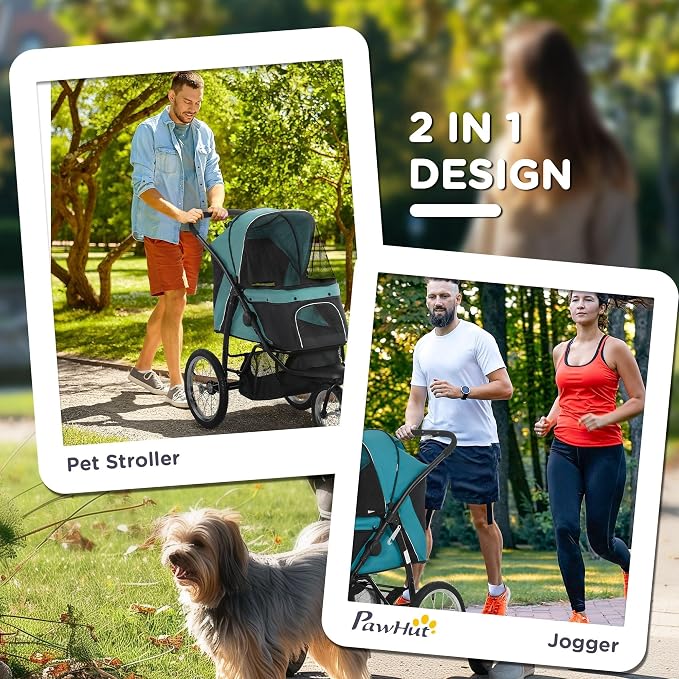 PawHut 3 Wheels Pet Stroller Foldable Jogger for Medium Dogs Dark Green | Adjustable Canopy, Safety Tether, Cushion, Storage Basket, Portable for Meidum Dogs and Cats