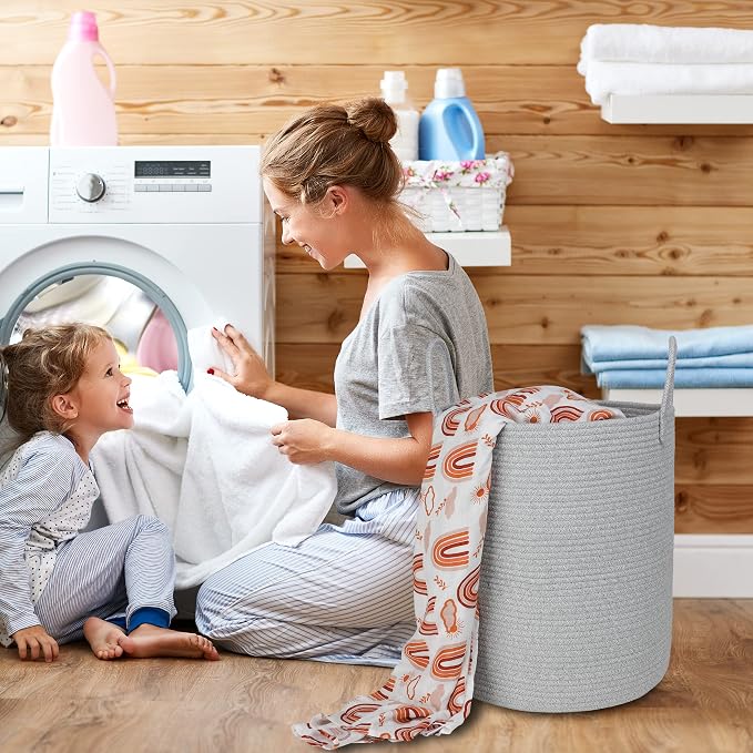XUANGUO Cotton Rope Laundry Basket Hamper for Clothes Large Light Grey | Baby Nursery Hamper Bin and Woven Storage Basket for Living Room Bedroom Boho Tall Rope Baskets Blankets Toys Pillows Towels