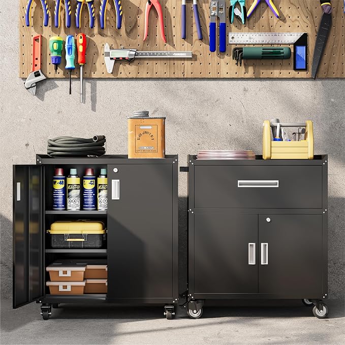 COFaR Metal Rolling Tool Cabinet with 1 Drawer and 2 Lockable Doors, Black | 35''H Profile with A 120 LB Adjustable Shelf, 200 LB Top, Four Swivel Casters and Side Handle for Garage or Workshop