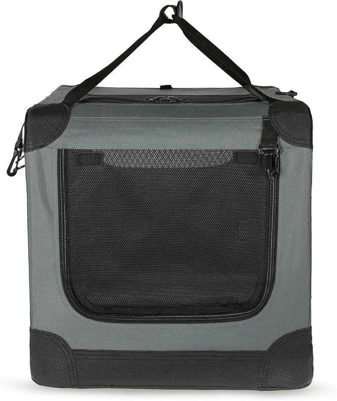 Amazon Basics 4-Door Portable Folding Soft Dog Crate, Collapsible Travel Kennel for Cat, Dog, and Small Animals, Pop Up with Fleece Mat, Water-Resistant Base, Grey, 36" x 24" x 24"