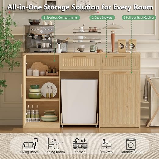 Double 13 Gallon Pull Out Trash Can Cabinet with Storage Cabinet,Natural | Pet Proof Hidden Garbage Can Cabinet,3-Tier Shelves,Fluted Design,Extra Drawer Space,Kitchen & Dining Room Organization