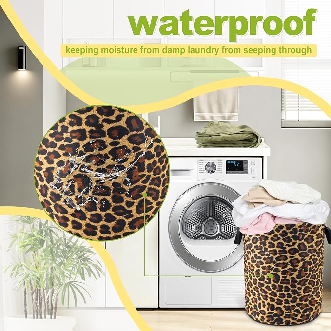 Brown Leopard Laundry Basket Foldable Waterproof Hamper 18.9 x 16.5 Inch | Oxford Cloth With Reinforced Handles Lining Design Large-Capacity Storage For Bathrooms/Laundry Rooms/ Living Rooms/Bedrooms