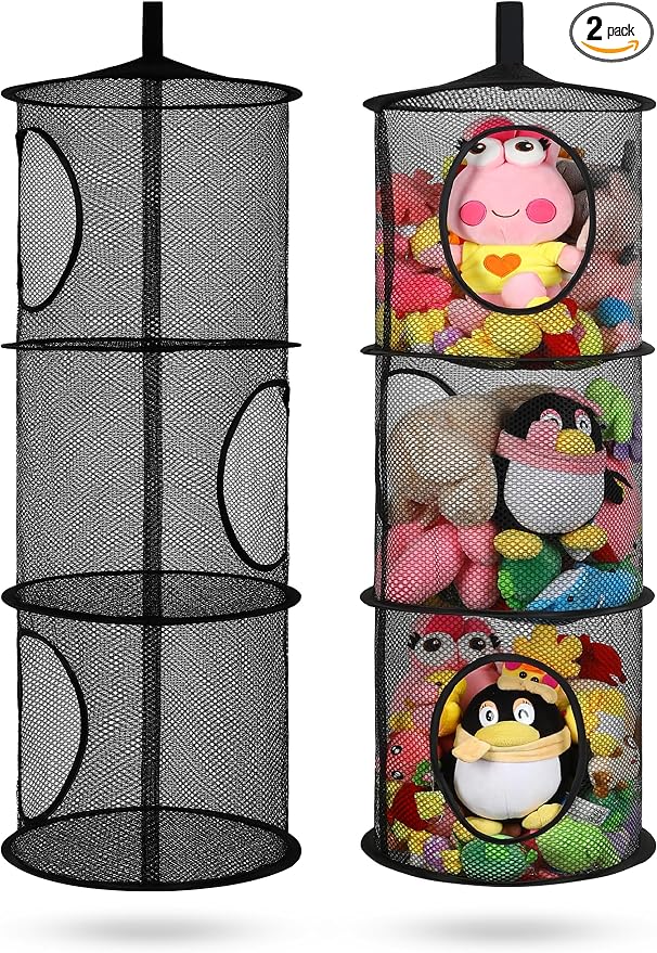 2Pcs Hanging Stuffed Animal Storage Hammock Net 3 Tiers, Black | Hanging Mesh Storage Organizer for Kids Room, Holds Plushies, Gloves, Hats, Socks, Foldable Space-saving Design