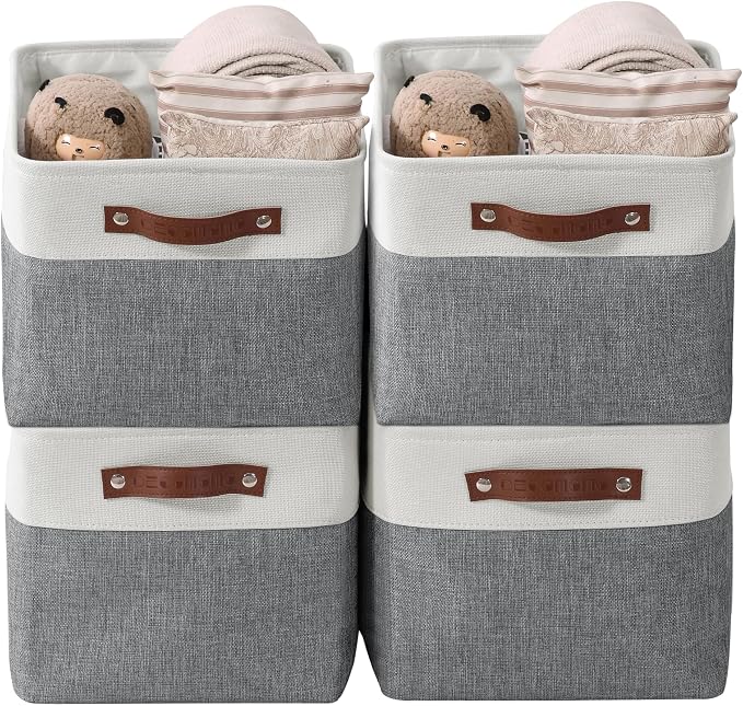 DECOMOMO Storage Bins, Large Fabric Storage Baskets for Shelves 4 Pack | 15 x 11 x 9.5 inches Decorative Linen Closet Organizers (Slate Grey & White)