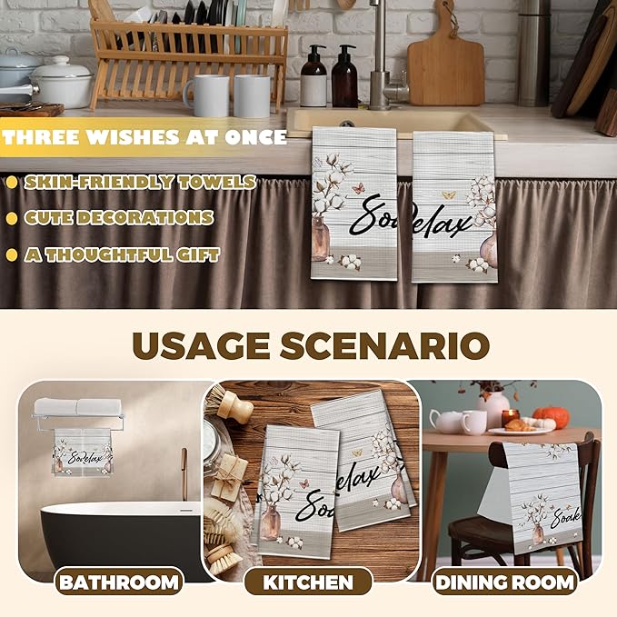 Kitchen Towels Set Of 2, Flower Vase Butterfly Dish Towel For Kitchen, Farm Vintage Bathroom Decorative Hand Towels, Farmhouse Fast Drying Tea Towel, Housewarming Xmas Gifts For Women Mom -B39