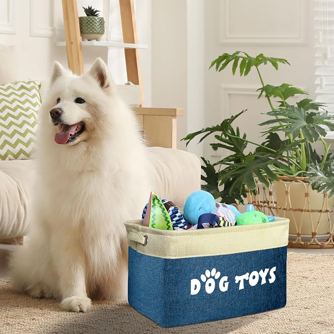 PET ARTIST Dog Toy Basket, Large Collapsible, Navy Blue, M: 15"x11"x9" | Dog Toy Bin Box, Comfortable Handles, Large Pet Toy Storage Organizer, For Accessories, Toys, Coat & Clothing, Blanket Leash