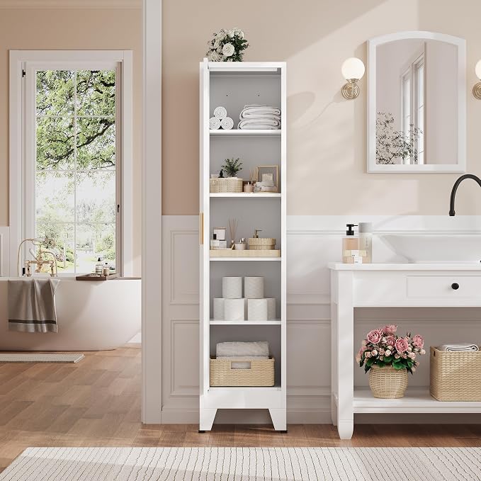 67" H Broom Closet Storage Cabinet,Metal Cleaning Cabinet,Narrow Storage Cabinets with 4 Adjustable Shelves,Slim Tall Floor Cabinet