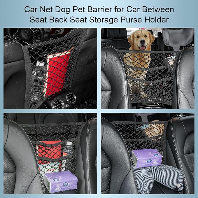 15.7×13.7" Mesh Car Organizer (3 Layers) | Between-Seat Storage Net with Pet Barrier, Holds Tissue, Purse & More – Fits SUV/Truck/Van
