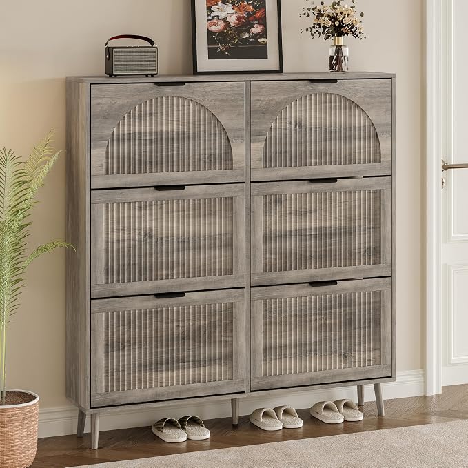 BORNOON Shoe Cabinet for Entryway with 6 Flip Drawers, Slim Wooden Shoe Storage Organizer with Modern Fluted Pannel，Freestanding Narrow Hidden Shoe Rack for Hallway, Foyer, Living Room