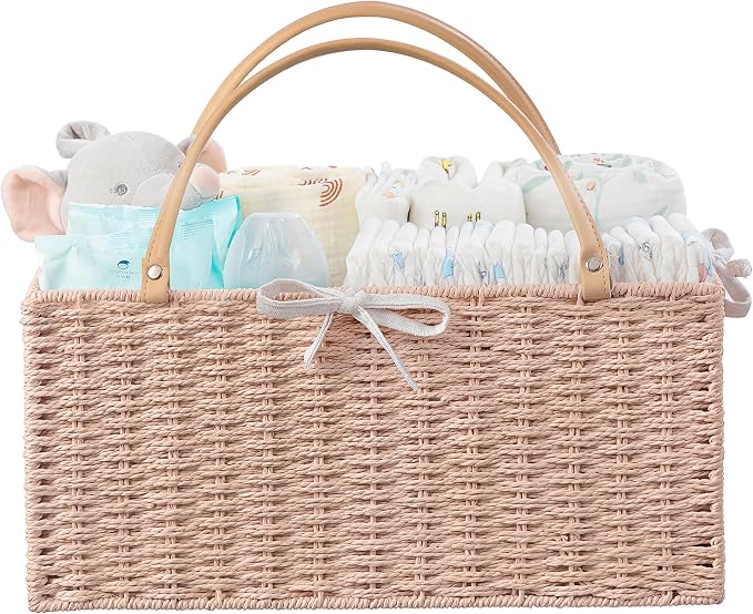 HBlife Large Baby Diaper Caddy Organizer Pink, Paper Rope Storage Baskets Nursery Bin with Removable Divider, Portable Car Organizer for Diapers, Baby Shower Gifts, Newborn Essentials Must Haves