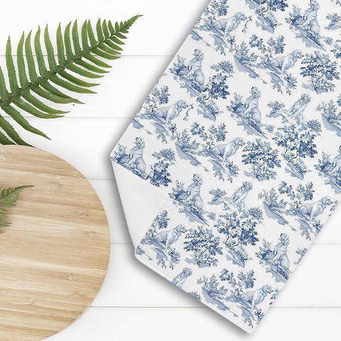 Chinoiserie Floral Golden Retriever Kitchen Towels, Blue and White Floral Golden Retriever Decorative Dish Tea Towels, Grandmillennial Botanical Dog Hand Towels for Kitchen Bathroom, 16x24 Inch
