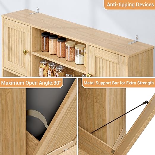 2 x 13 Gallons Double Tilt Out Trash Cabinet with Power Outlet, Natural Oak | 71" Tall Kitchen Fluted Pantry Storage Hutch Cabinet with 2 Drawers, Garbage Can Holder Cabinet with Adjustable Shelve