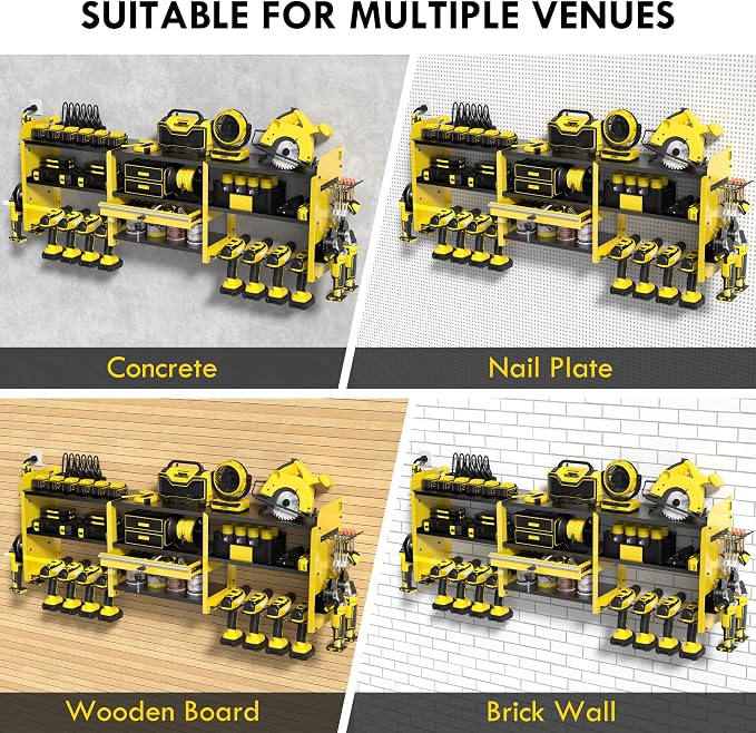KSVO Large Power Tool Organizer Wall Mount with Locking Drawers, Yellow | Grinder Holder, Hammer & Pliers Rack, 6-Outlet Charging Shelf, Heavy-Duty Metal Storage for Garage & Workshop