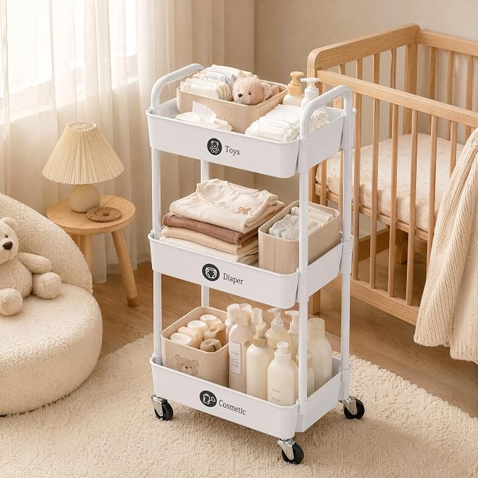Laiensia 3-Tier Rolling Cart with Wheels,Multifunction Utility Storage Carts, Kitchen Storage Organizer,Mobile Shelving Unit for Bathroom,Laundry,with Classified Stickers,White (Pack of 2)
