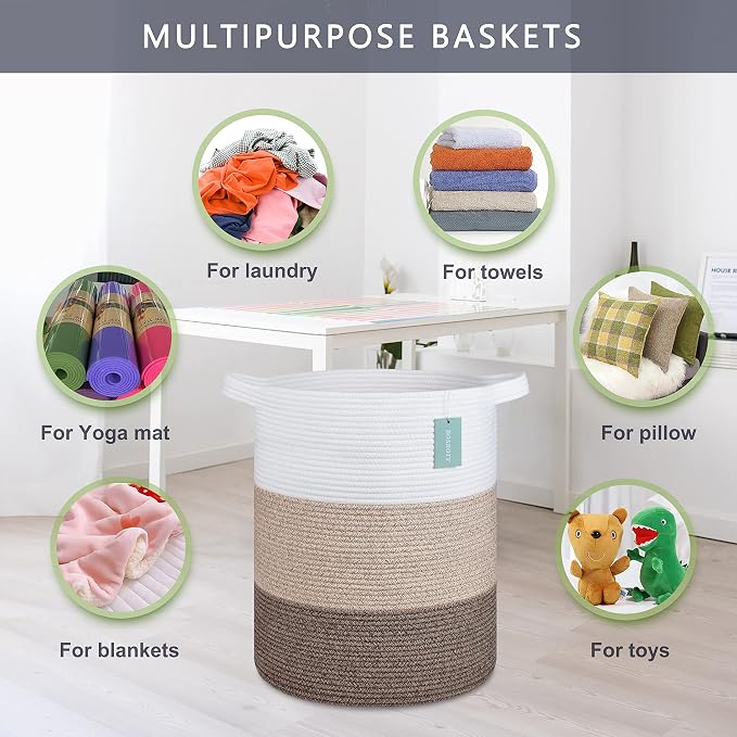 Cotton Rope Blanket Basket, 72L Laundry Hamper, White & Ombre Brown