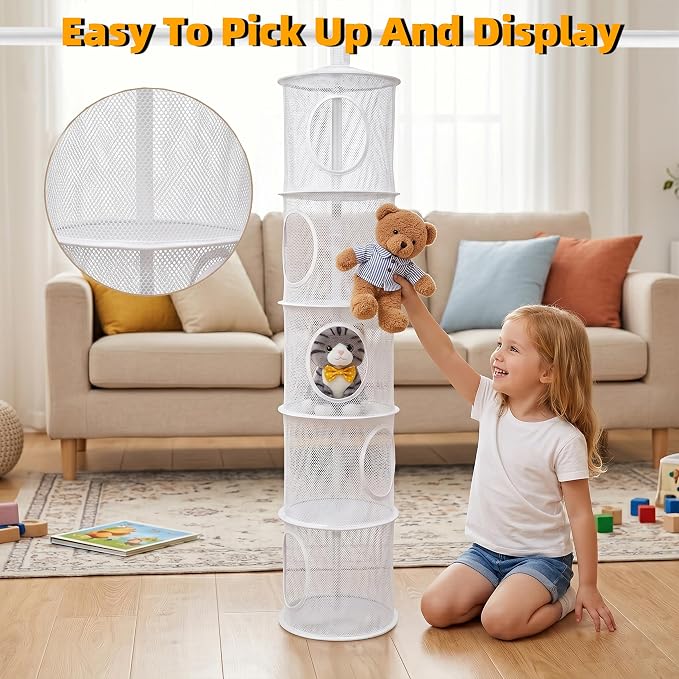 Hanging Stuffed Animal Storage Hammock Net 5 Tiers, White | Hanging Mesh Storage Organizer for Kids Room, Holds Plushies, Gloves, Hats, Socks, Foldable Space-saving Design
