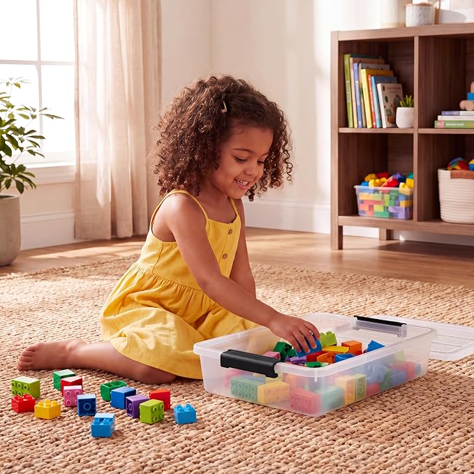 6 Qt Plastic Storage Bins with Lids,Sensory Bins,Stackable Clear Containers with Secure Latches,Multi-Purpose Classroom Storage Organizer for Craft Supplies,Paper & Office Stationery,4 Pack,Black | Stackable, Secure Latches, Multi-Purpose Classroom Sto...