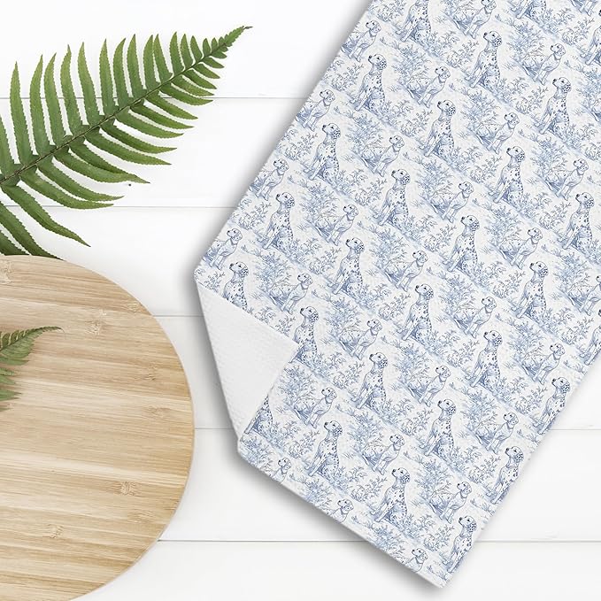 Chinoiserie Dalmation Floral Kitchen Towels,Dalmation Dog Gifts Decorative Hand Towels,Blue and White Grandmillennial Botanical Dog Floral Dish Tea Towels for Kitchen Bathroom, 16x24 Inch