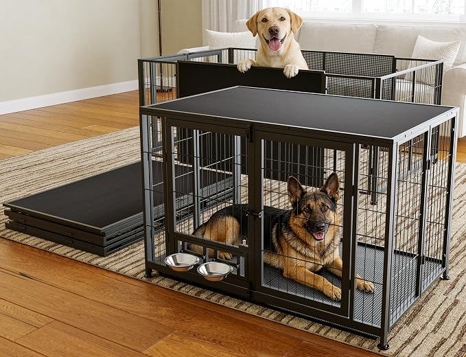 43.3" Heavy Duty Large Dog Crate with Wheels & Feeding Bowls, 3 in 1 Foldable Extra Large Dog Kennel & Playpen, Indestructible Escape-Proof Metal for Large Dogs, Indoor Outdoor, Black