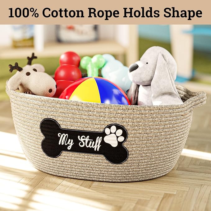 Dog Toy Basket, 100% Cotton Rope, Chew Proof, Sturdy Reinforced Handles | 100% Cotton Rope Woven Dog Toy Box for Living Room Area, Sturdy Handles, Durable Patch, Suitable for All Pets, No Loose Parts