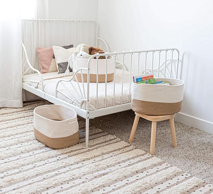 OrganiHaus Cotton Rope Baskets for Shelves, Set of 3, 15x9x10 | Handwoven; a toy bin and organizer for towels, books, or blankets; fits nursery, playroom, or bedroom decor