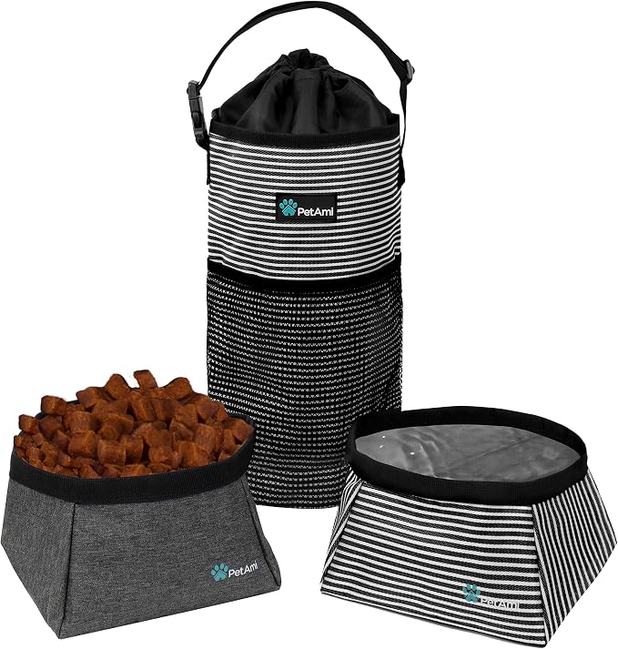 PetAmi Travel Dog Food Bag with 2 Collapsible Bowls Waterproof Dog Kibble Storage & Foldable Food Water Bowls for Dogs & Cats, Hiking & Camping (Stripe Black, Grey)