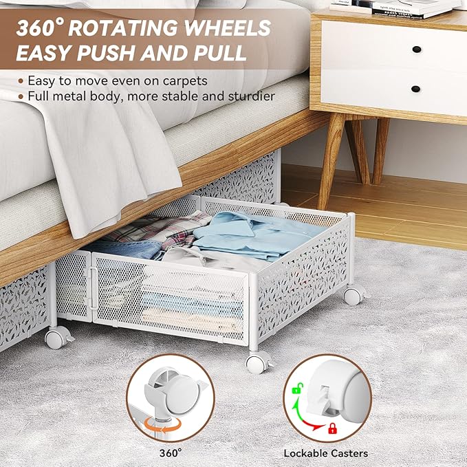 Under Bed Storage with Wheels,Patterned,Sturdy Metal,4 Pack,White | Tool-free assembly, glide smoothly, easy reach, foldable, maxmazie low-profile beds, dorm, keep seasonal clothes, shoes fresh