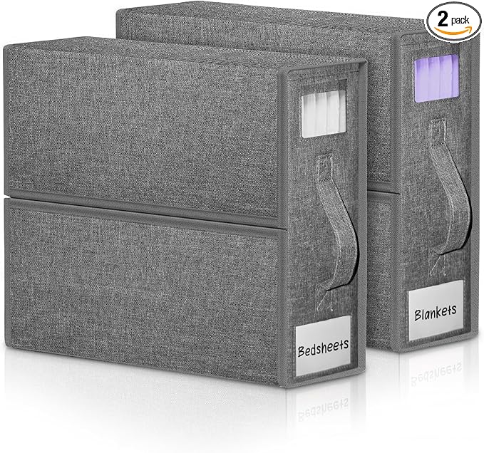 Calyx Interiors Bed Sheet Organizers and Storage | Set of 2 | Reinforced Handle & Zipper | Clear Window & Labeling Slot | Protect Linens from Dust, Moisture & Pet Hair (Queen/King Size, Soft Gray)