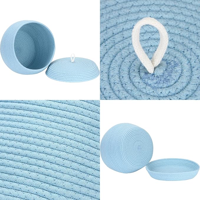Sea Team Round Woven Cotton Rope Storage Basket with Lid, Blue | Lidded Knitted Decorative Storage Bin, Pot, Caddy, Organizer, Container for Snacks, Towels, Plants, 13 x 9 Inches