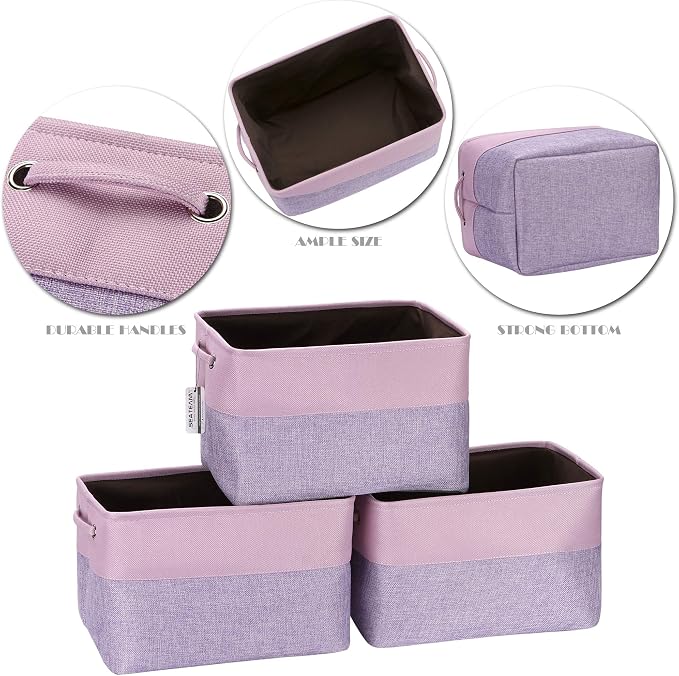 Sea Team Large Rectangle Canvas Open-Top Storage Baskets, 3-Pack | Collapsible Fabric Storage Bins with Handles, Closet Shelf Organizers, 15 x 10 x 10 Inches, Lavender & Orchid