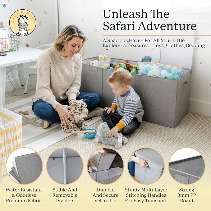 Zebra Baby Extra Large Toy Box Chest for Kids — Collapsible Toy Storage Organizer with Lid, 40" Wide, Removable Dividers, Boys & Girls