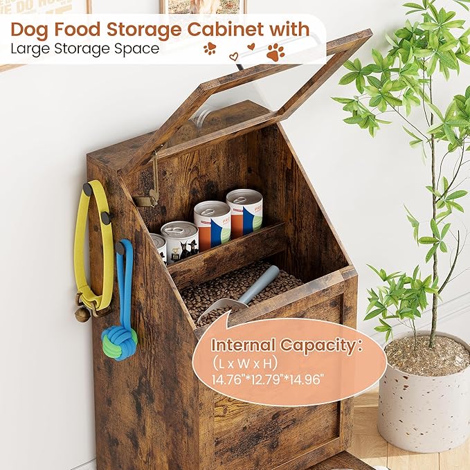 Garvee Dog Feeding Station with 2 Elevated Bowls, Brown | Wooden Dog Food Storage Cabinet, Flip Top Pet Feeding Station, Food Storage Container, Pet Toy Organizer