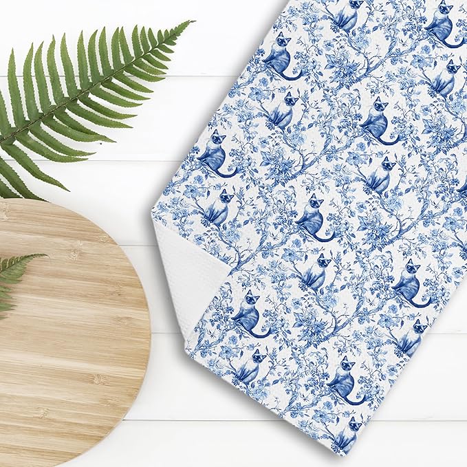 Chinoiserie Floral Siamese Kitchen Towels,Blue and White Cat Decor Kitchen Dish Tea Towels Bathroom Gifts for cat Lovers Women Men,Siamese cat Gifts,16x24 Inch