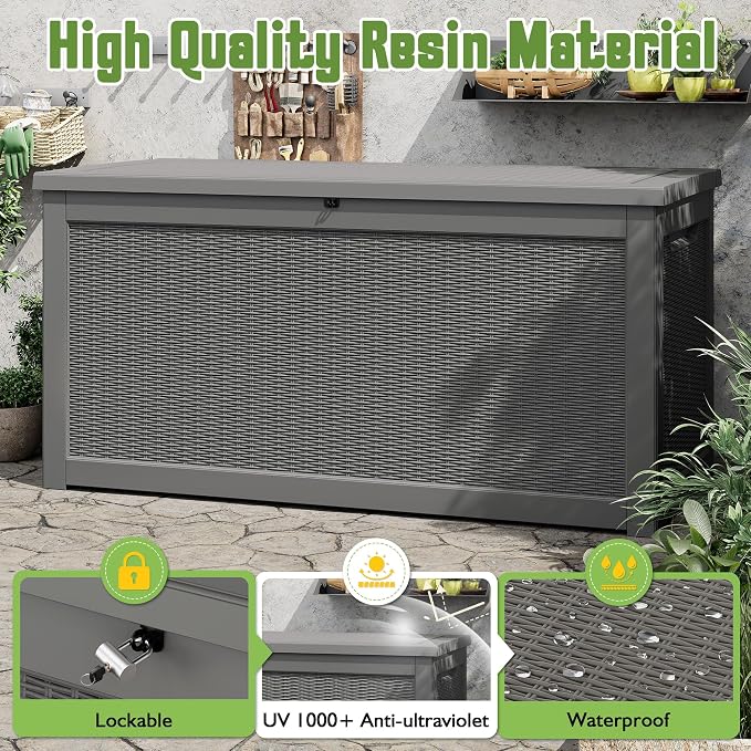 330 Gallon Outdoor Storage Box, Resin Large Deck Box Outdoor Waterproof Storage Bench with Lockable Lid for Patio Cushions, Garden Tools, Package Delivery, Pool Supplies, Grey