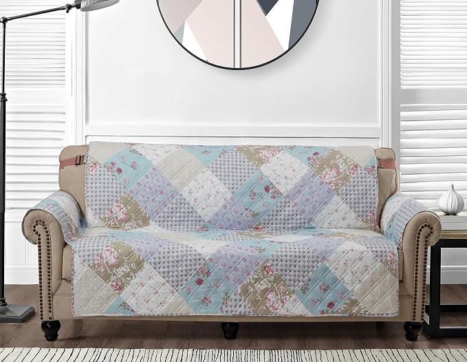 Brilliant Sunshine Blue & Green Roses Patchwork Couch Cover, 70" seat | Quilted Sofa Cover, Living Room & Bedroom Furniture Protector, Large Washable Slipcover for Pets, Dogs & Cats