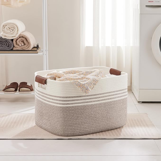 86L Large Woven Laundry Basket Hamper with Leather Handles,Brown | collapsible wicker hamper, storage for dirty clothes, toys, blankets, gifts, living room, bedroom, bathroom, 24"x16"x14"